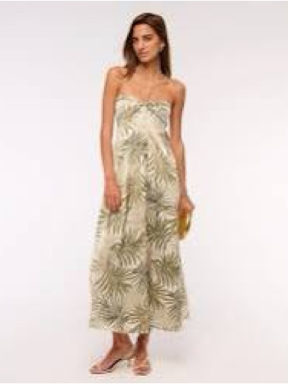 Abercrombie & Fitch Cream Strapless Palm-Print Midi Dress